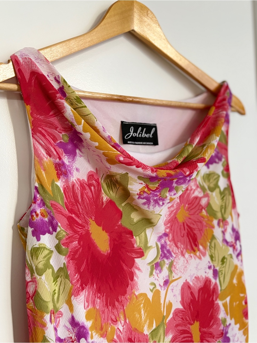 Vintage Jolibel Pink Floral Chiffon Cowl Neck Midi Dress Sleeveless